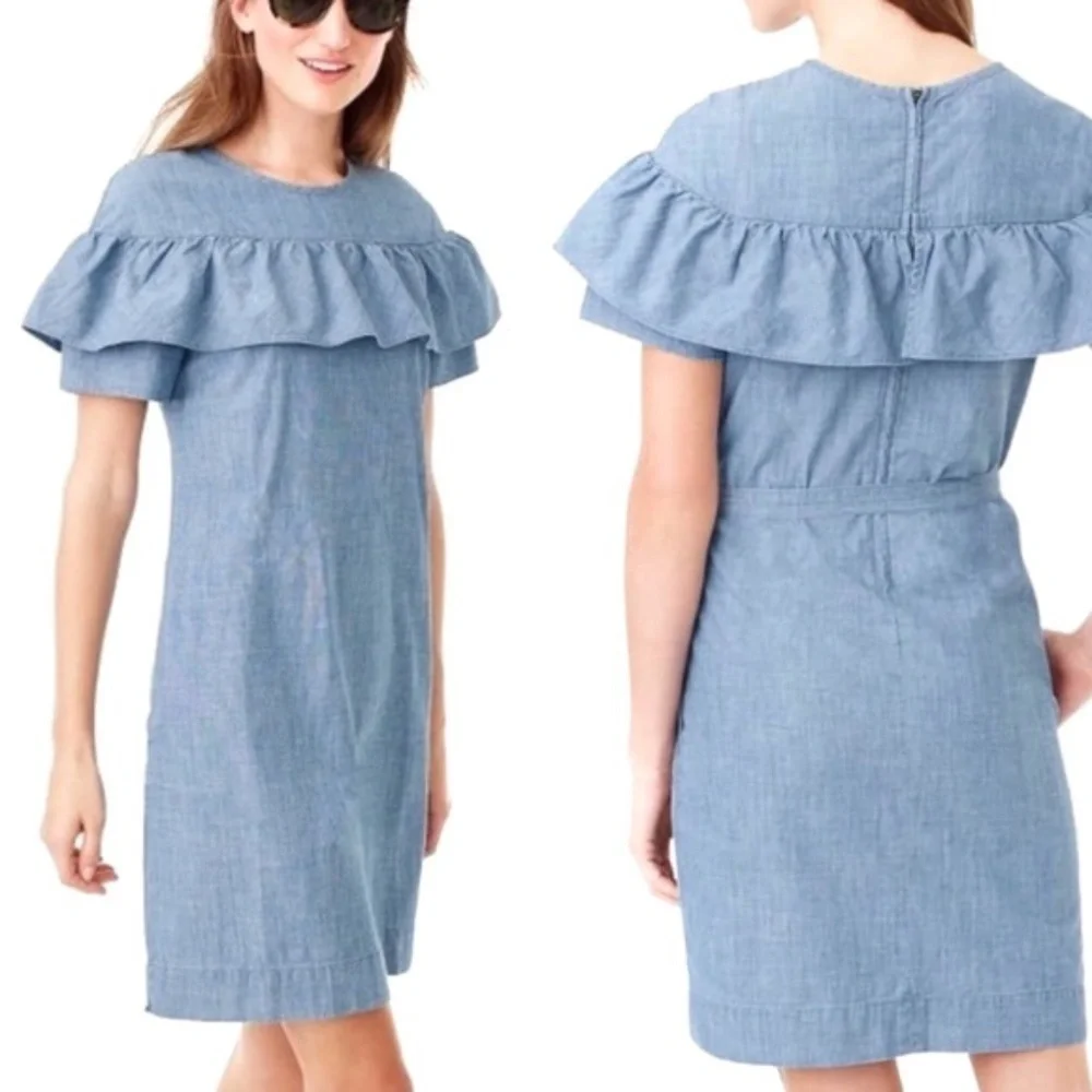 J.Crew Edie Chambray Ruffle Shift Cotton Yoke Dress –With Pockets -‎  Size 4